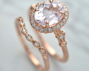 Halo engagement ring rose gold with natural pink Morganite, 9x7, 8x6, 7x5  classic style with natural diamonds accents in white, yellow gold