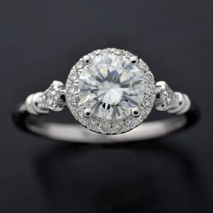 Halo engagement ring white gold with moissanite Forever One clasic style with natural diamonds accents in rose white yellow gold or platinum