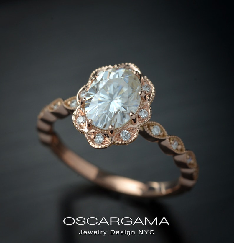 Oval Halo Engagement Ring in a Vintage Style With Lab Grown Etsy Canada
