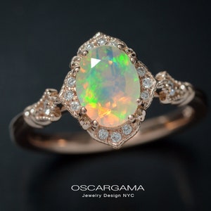 Fire Opal oval Halo Engagement Ring Vintage inspired style in rose yellow or white gold with natural diamonds - unique style made in NYC