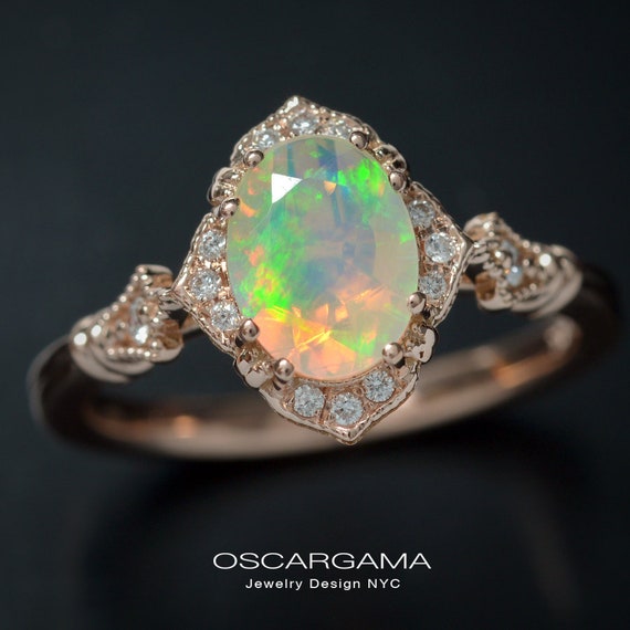 Fire Opal Oval Halo Engagement Ring Vintage Inspired Style in Rose Yellow or White Gold With Natural Diamonds Unique Style Made in NYC Etsy Canada