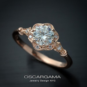 Vintage Inspired Moissanite Halo Engagement Ring in Rose Gold With