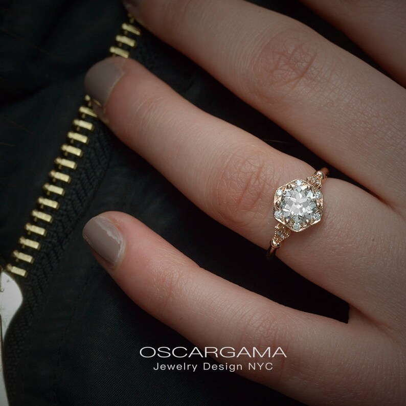 Daisy round Vintage inspired style diamond engagement Ring with a GIA certified Natural Diamond image 7