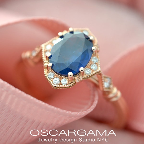 Natural blue sapphire  engagement ring halo rose gold vintage inspired style in pink rose gold 14 natural diamonds white, yellow or platinum