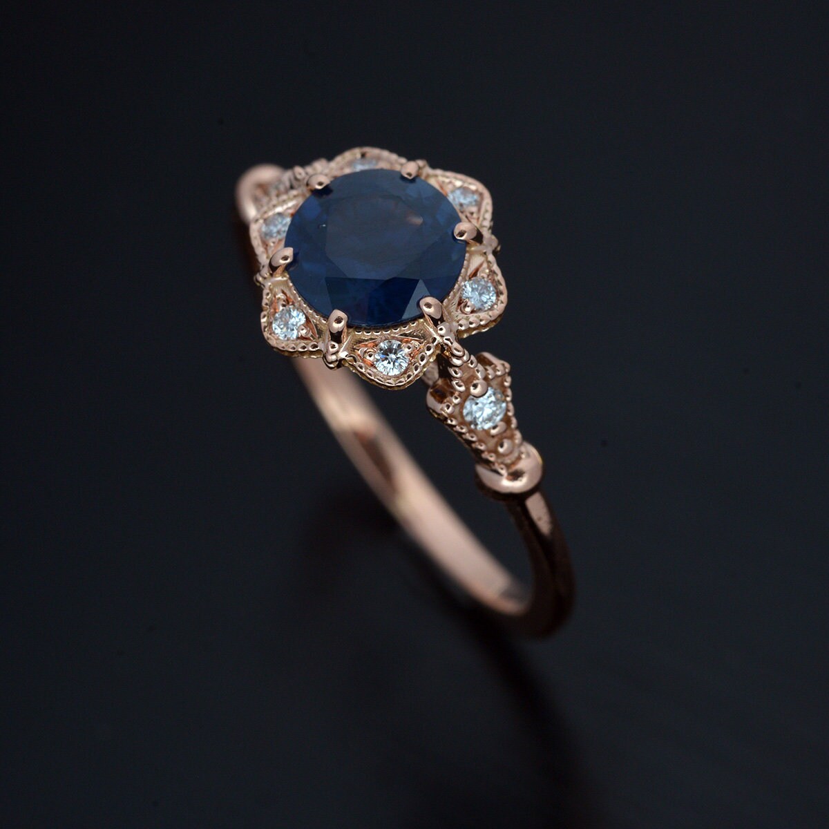 Halo engagement ring in rose gold with Natural Blue Sapphire | Etsy