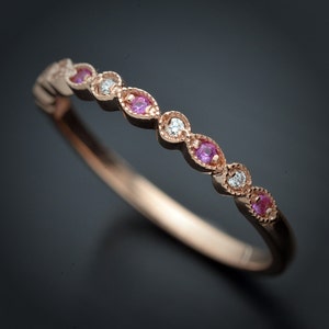 14KT Pink gold stackable band with diamonds and pink sapphires