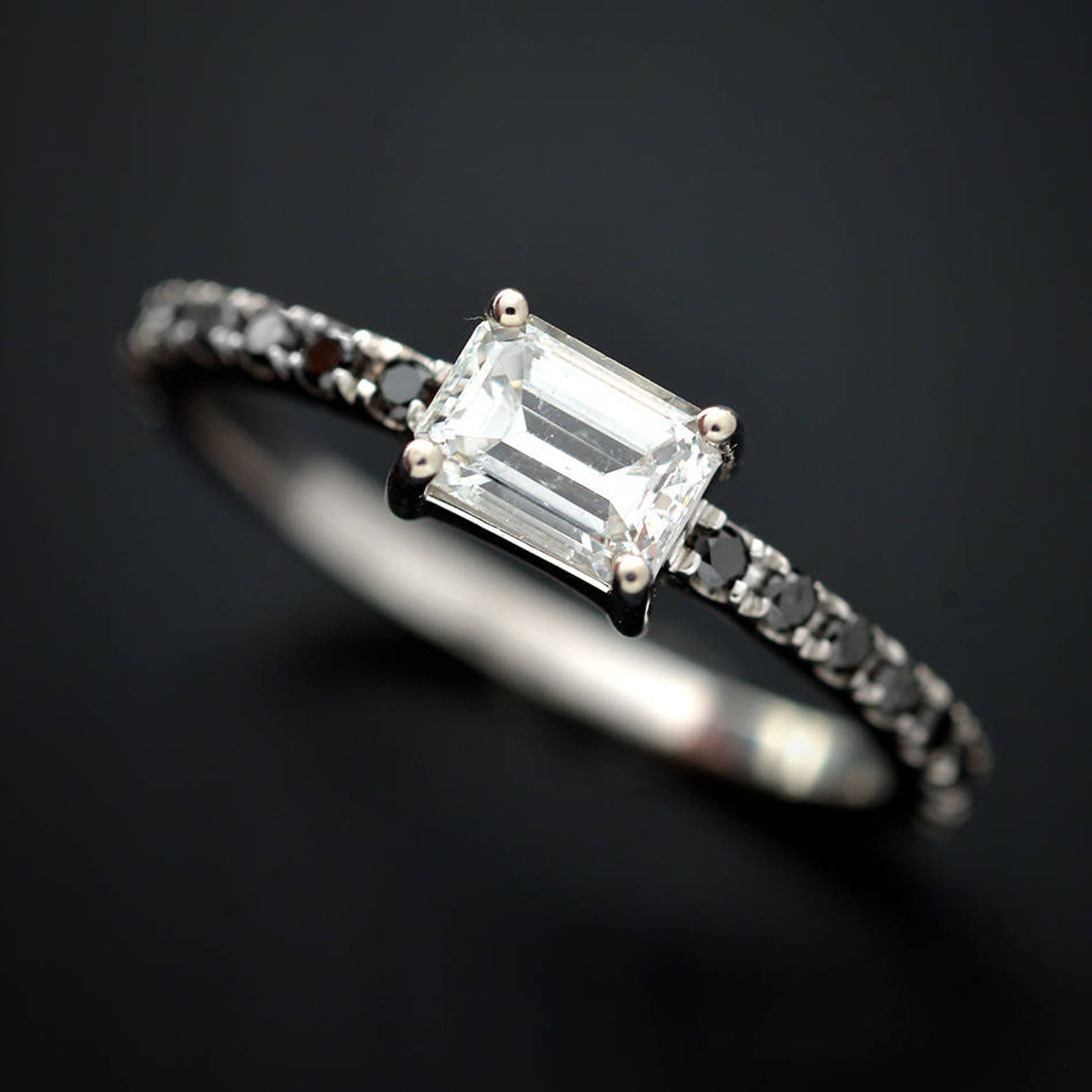 Emerald Cut Diamond Engagement Ring With Black Diamonds Micro - Etsy