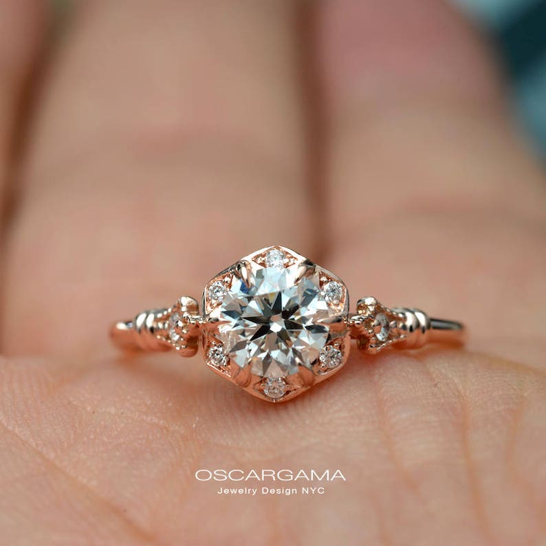Daisy round Vintage inspired style diamond engagement Ring with a GIA certified Natural Diamond image 5