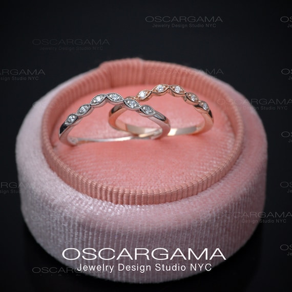 Curved style wedding band with diamonds in rose white yellow gold with 6 natural diamonds fit most solitaires and halo rings