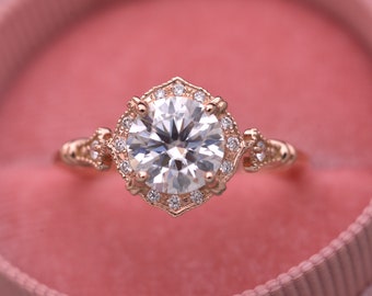 Vintage inspired round halo engagement ring in 14k rose gold 7mm round moissanite Vintage unique