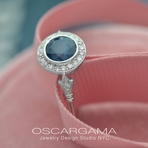 Natural Blue Sapphire Halo Engagement Ring on a round bezel Vintage Look