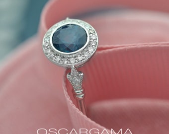 Natural Blue Sapphire Halo Engagement Ring on a round bezel Vintage Look