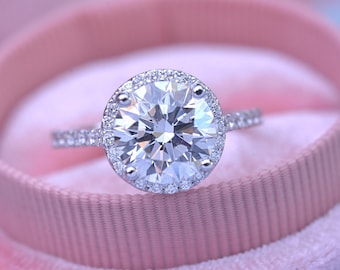 Classic Round under halo engagement Ring with micro pave in 14k white gold 2 to 3 carat center stone