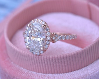 Classic Vintage Oval Halo engagement ring with a Lab Grown diamond or Moissanite center stone in -  2ct, 2.5ct or 3ct