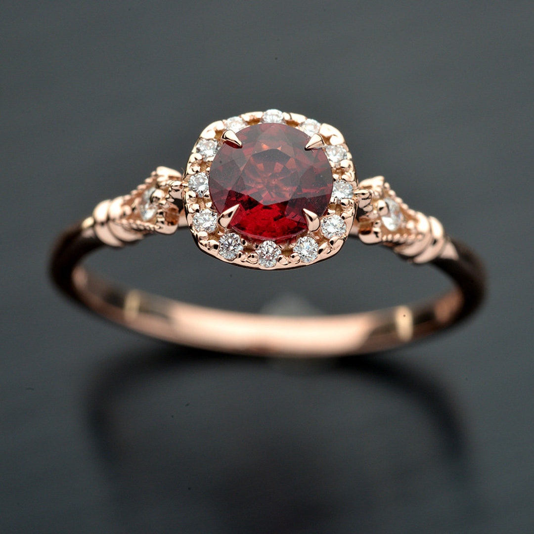 Engagement Ring With Natural Deep Red Garnet Round in a 
