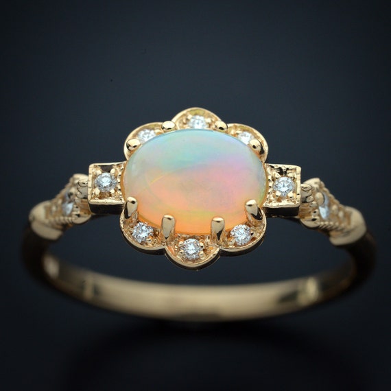 Yellow gold diamond ring with orange Greenish Opal center | Etsy