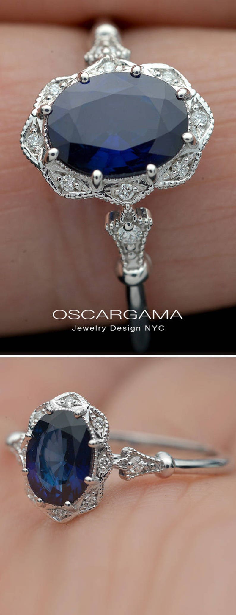 Halo engagement ring with a natural deep blue Australian Etsy