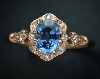 Oval Natural Cornflower Blue Sapphire Engagement ring vintage style inspired in rose white or yellow gold center 7x5 or 8x6 unique Ring