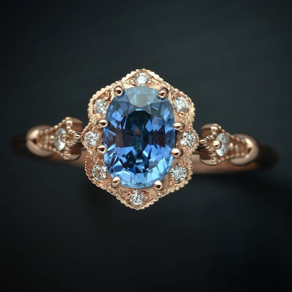 Oval Natural Cornflower Blue Sapphire Engagement ring vintage style inspired in rose white or yellow gold center 7x5 or 8x6 unique Ring