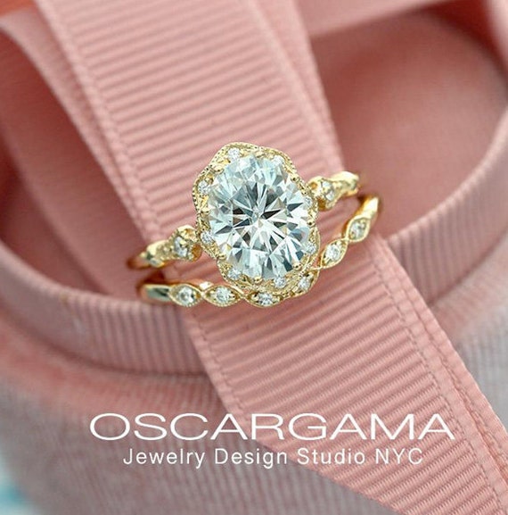 14k White Gold Vintage Style Engraved 3-Stone Half Moon Diamond Halo  Engagement Ring - 1800 Loose Diamonds