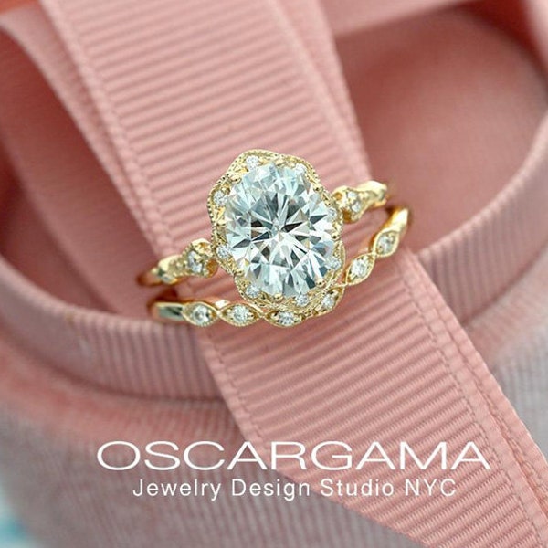 Daisy Oval halo engagement ring - vintage style - vintage inspired - lab grown diamond or Moissanite in 14k white, yellow or pink gold