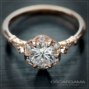 Daisy round Vintage inspired style diamond engagement Ring with a GIA certified Natural Diamond image 1