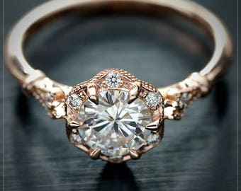 Natural Round Diamond GIA Certified Engagement Ring with flower halo vintage inspired look in rose gold  also white, yellow gold
