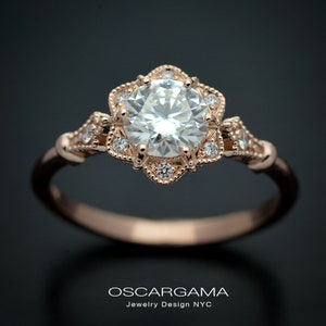 Engagement ring rose gold with halo moissanite vintage style with natural diamonds accents Forever One yellow white, pink gold and  Platinum