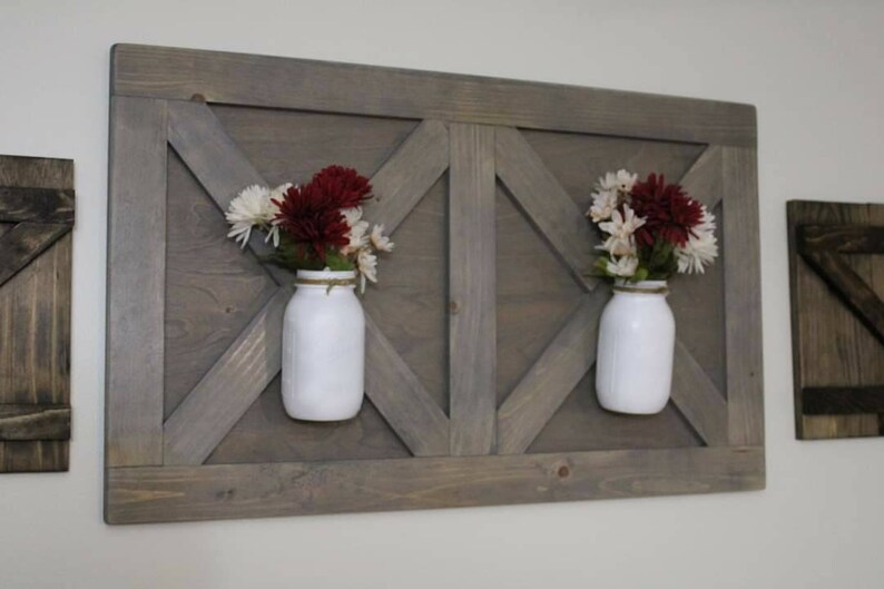 Barn door wall plaque with mason jars Farmhouse Living room Etsy