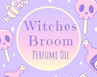 May include: A light purple graphic featuring a central circle with the text Witches Broom PERFUME OIL. The design includes illustrations of pink skull-shaped lollipops, striped yellow and pink candies, and glass bottles with skull labels.