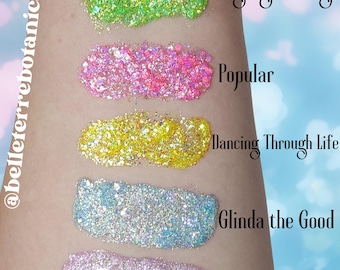Geles con purpurina apilables. Maquillaje temático Wicked para cuerpo, cabello y rostro. Ideal para raves y festivales.