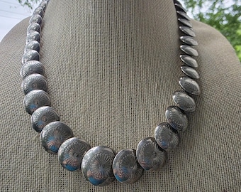 Vintage Native American Sterling Silver Graduated Pillow Bead Necklace.