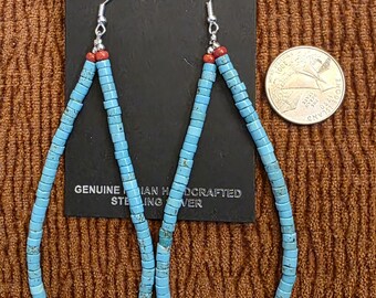 Native American Turquoise Beaded Teardrop Hoop Dangle Earrings - 2.