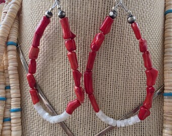 Native American Mediterranean Coral Teardrop Hoop Dangle Earrings