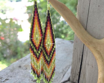 Native American Handmade Seedbead Dangle Earrings in Spring Green