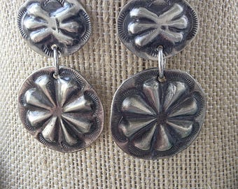 Native American Sterling Silver Double Concho Dangle Earrings