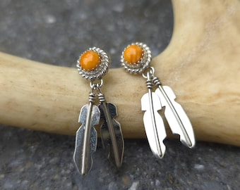 Native American Orange Spiny Earrings with Feather Dangles.