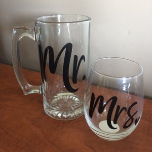 Mr and Mrs matching beer mug and wine glass, wedding set, wedding gifts