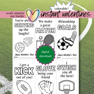 Colorable Sports Valentine Tags | DIY Valentine Cards | Personalized Classroom Valentines | Kid Valentines for School | Sports Lover