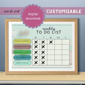 May include: A printable weekly to-do list with a light blue background and colorful boxes. The list includes tasks such as clean up dishes, clothes laid out, backpack packed, toys organized, and teeth brushed. The days of the week are listed across the top: M, T, W, TH, F.