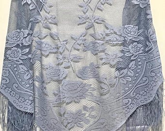 Grey lace floral shawl, wedding triangle shawl, evening fringe lace shawl