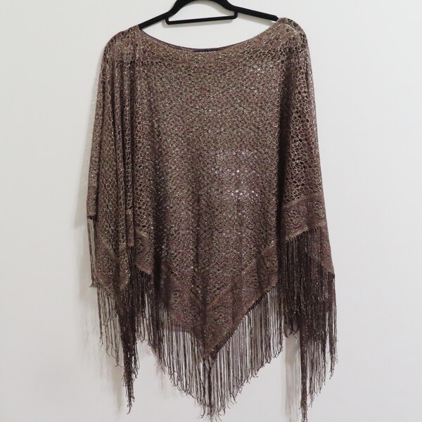 Brown sparkle lace poncho shawl, Evening lace triangle poncho with long fringe, Wedding wrap shawl