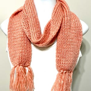Peach crochet scarf with fringe, Soft knit long scarf
