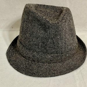 Classic Herringbone Fedora Hat by George | Gray & Black Wool Blend Trilby Style | Size S/M