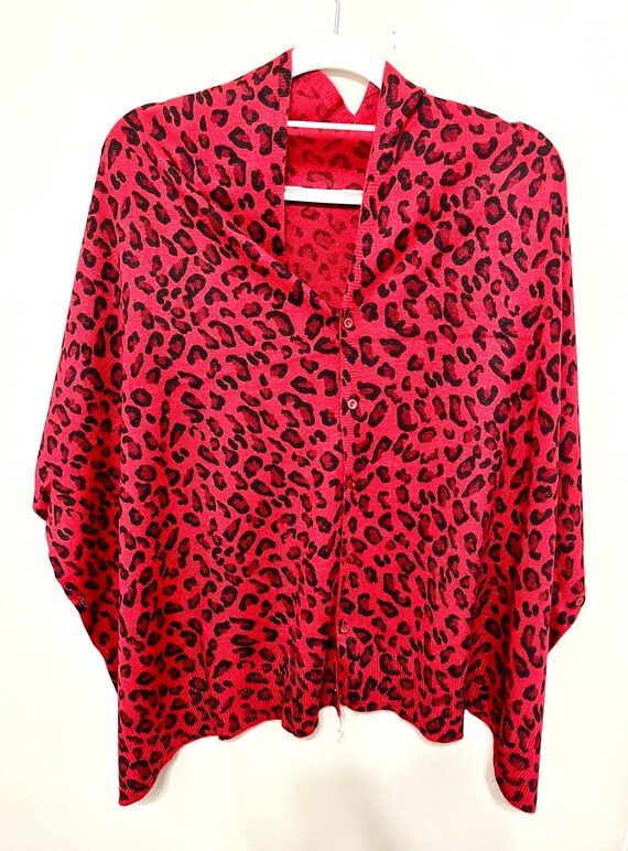 Red and Black Leopard Print Button Front Poncho W… - image 1