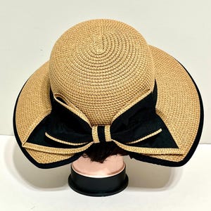 Vintage 60s Black Straw Wide Brim Picture Hat Union Made USA Grosgrain Bow Vintage 1960s Womens Black Woven Straw Wide Brim Hat With  main image 2
