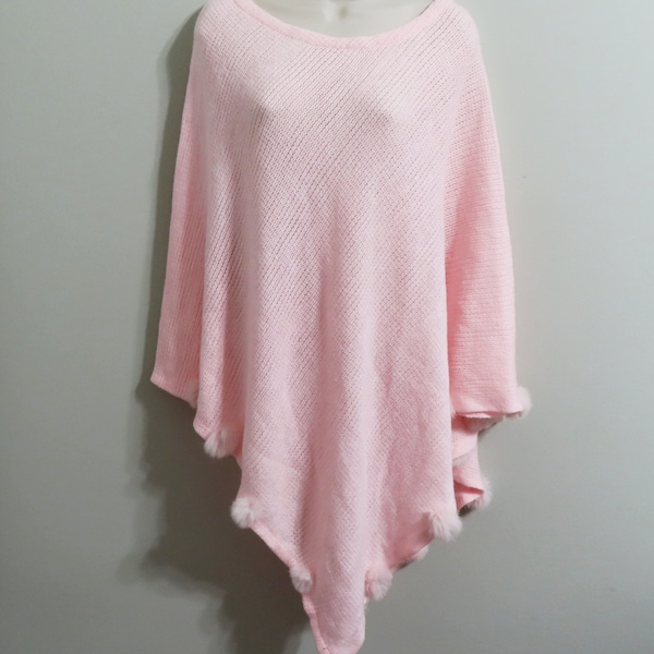 Vintage Pink Knitted Poncho Long Shawl, Pompom Poncho Shawl