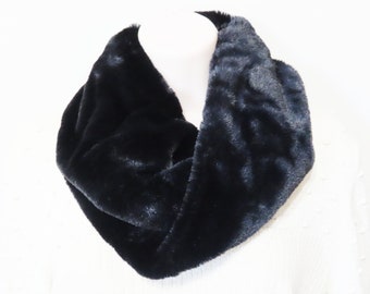 Faux fur black scarf, faux fur neck warmer evening black infinity scarf.
