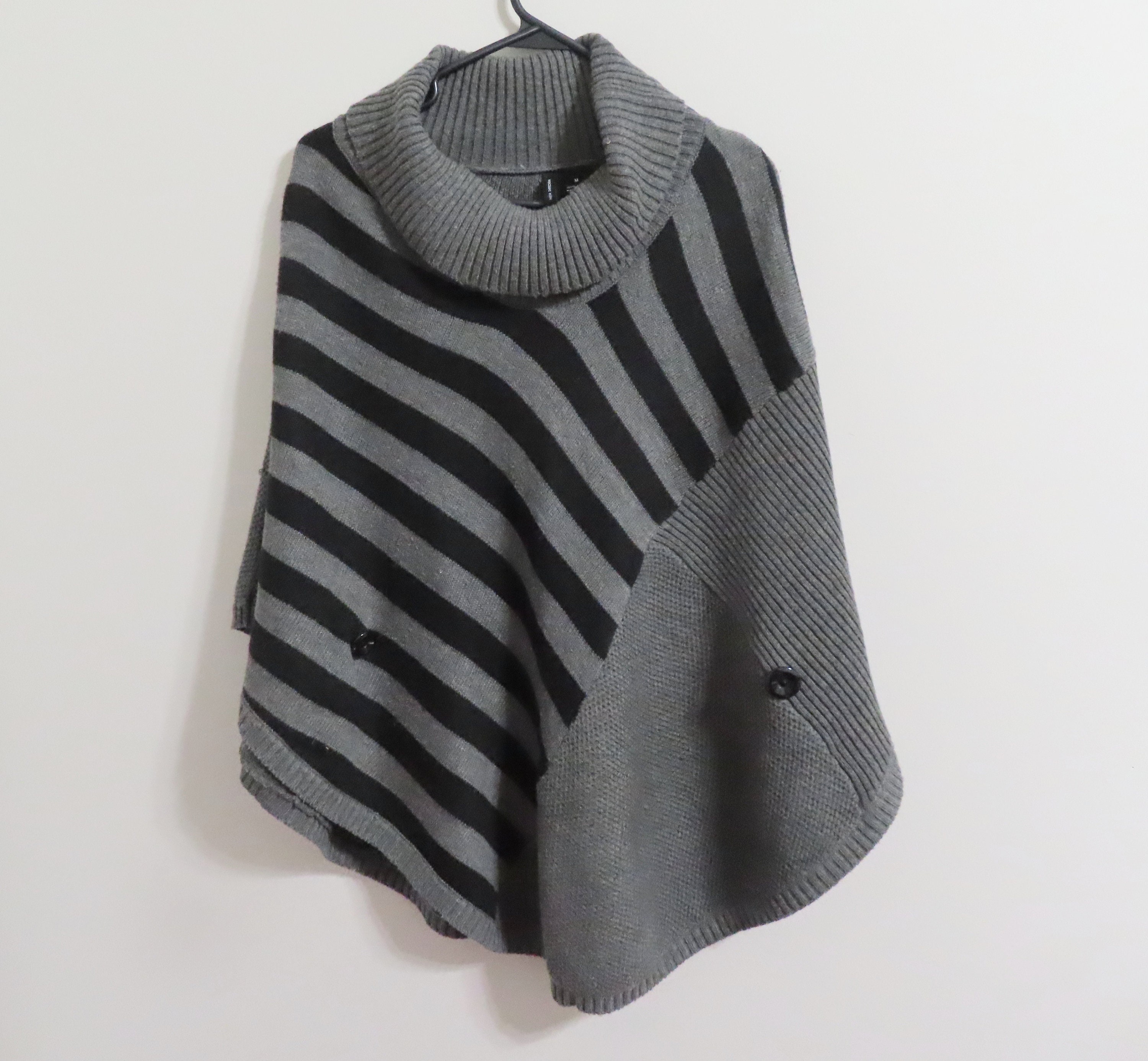Grey black striped cowl poncho shawl with buttons, Triangle poncho