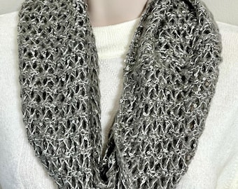 Grey sequin sparkle knit infinity scarf, one wrap evening scarf